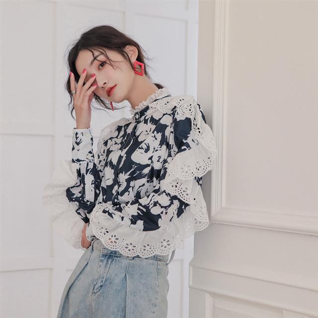 Shirt Design print lace stringy selvedge shirt New in spring and autumn women's clothing long sleeve batwing sleeve loos