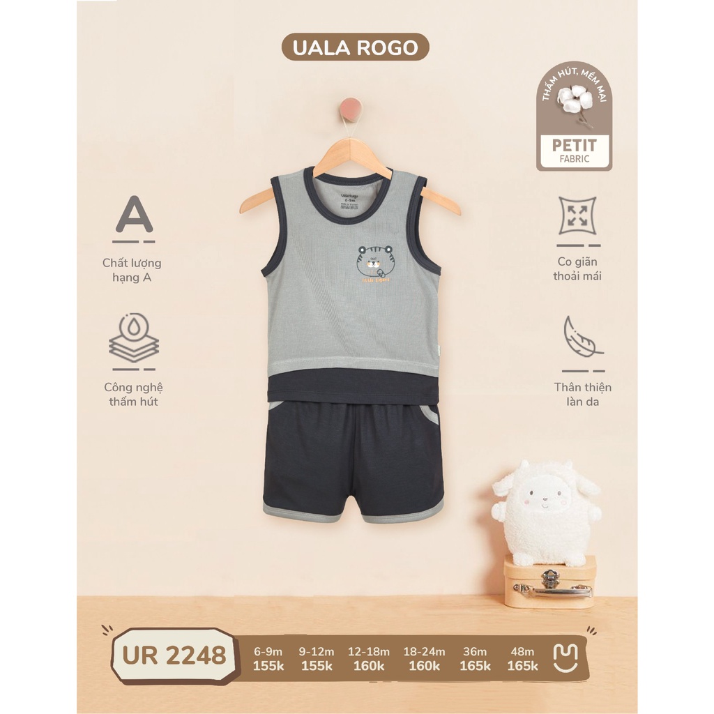 Bộ ba lỗ Uala Rogo chất vải petit cao cấp mềm mịn thoáng mát thấm hút tốt in hổ tiger cho bé trai bé gái 2248