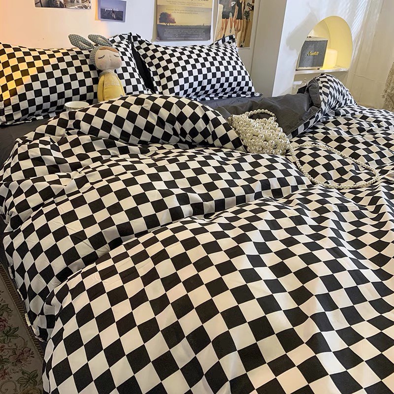 Bộ chăn ga gối Cotton poly M2T Bedding, vỏ chăn mền, drap ga giường và 2 vỏ gối - PL Bàn cờ vua đen nhỏ