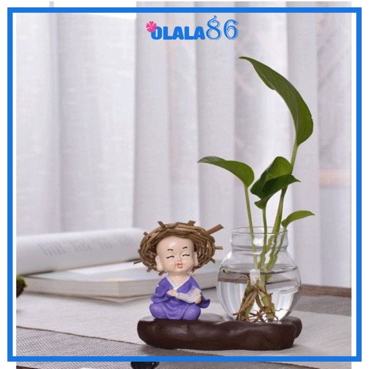 Bộ tượng chú tiểu kèm bình thuỷ sinh trồng cây nuôi cá dùng trang trí bàn học, văn phòng cực chất OLALA