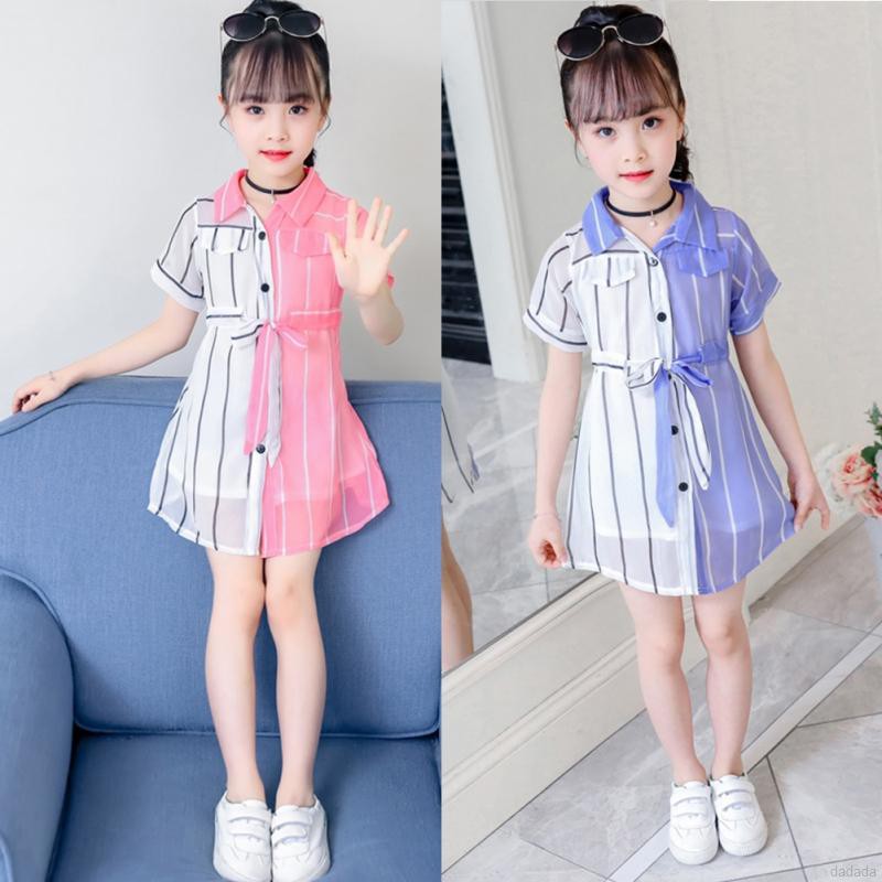 Đầm Xòe Ngắn Tay Phối Họa Tiết Sọc Ngang Xinh Xắn Cho Bé Gái