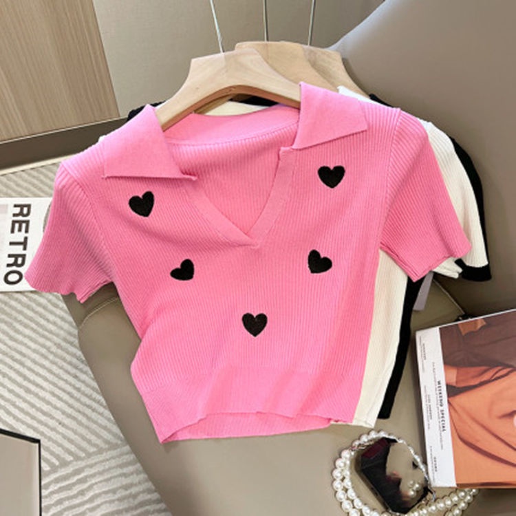 Áo polo Dệt Kim Tay Ngắn Cổ Chữ V In Họa Tiết Trái Tim Thời Trang Mùa Hè Cho