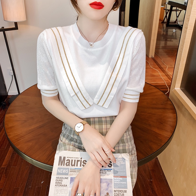 Áo kiểu ZHELIHANGFEI tay ngắn vải lụa thoáng mát phong cách mùa hè thời trang cho nữ