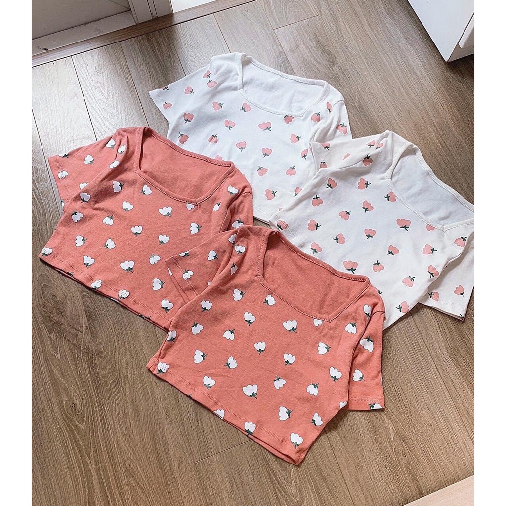 [Ảnh Thật] Áo croptop body ôm cổ tròn in Hoacực xinh cho các bạn nữ