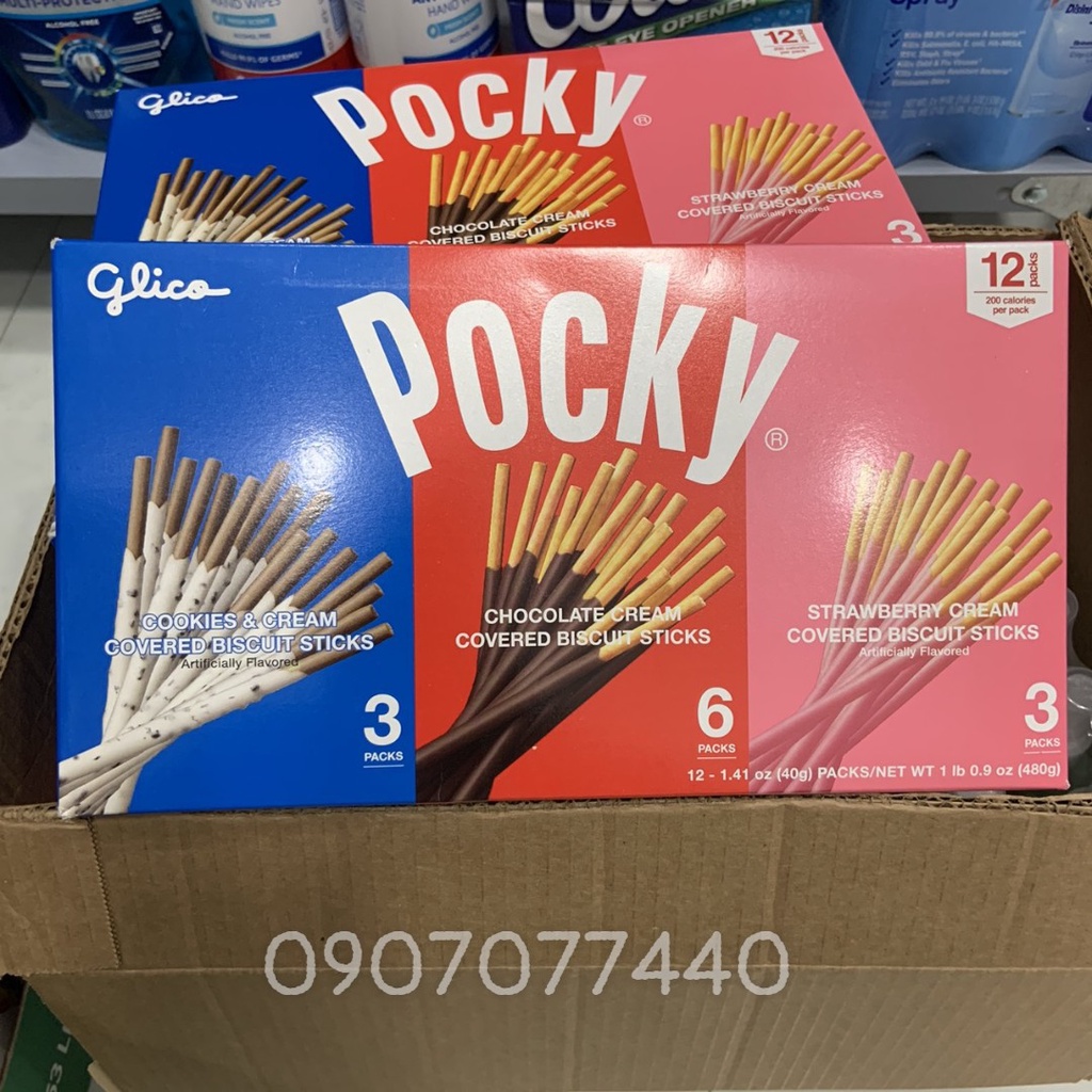 Bánh que mix 3 vị  socola, dâu, cookies Mỹ Glico Pocky 480gr date 9/2022 - EDS Hàng Mỹ