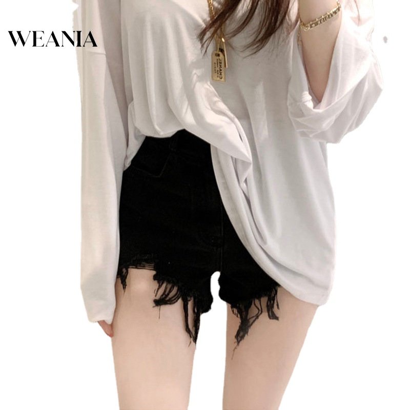 Quần Short Denim Lưng Cao Thiết Kế Xẻ Rách Phong Cách Quyến Rũ