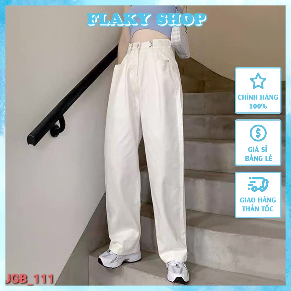 Quần jean nữ FLAKY SHOP cao cấp - Quần jean ống rộng dáng suông kèm khuy điểu chỉnh eo (có sẵn)