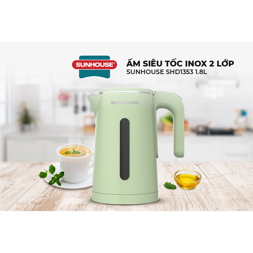 Ấm đun siêu tốc SUNHOUSE 1.8L, ấm siêu tốc 2 lớp Inox và nhựa cách nhiệt tự động ngắt khi nước sôi cạn nước quá nhiệt