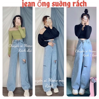 Quần jean ống suông, jean ống rộng nữ lưng cao rách