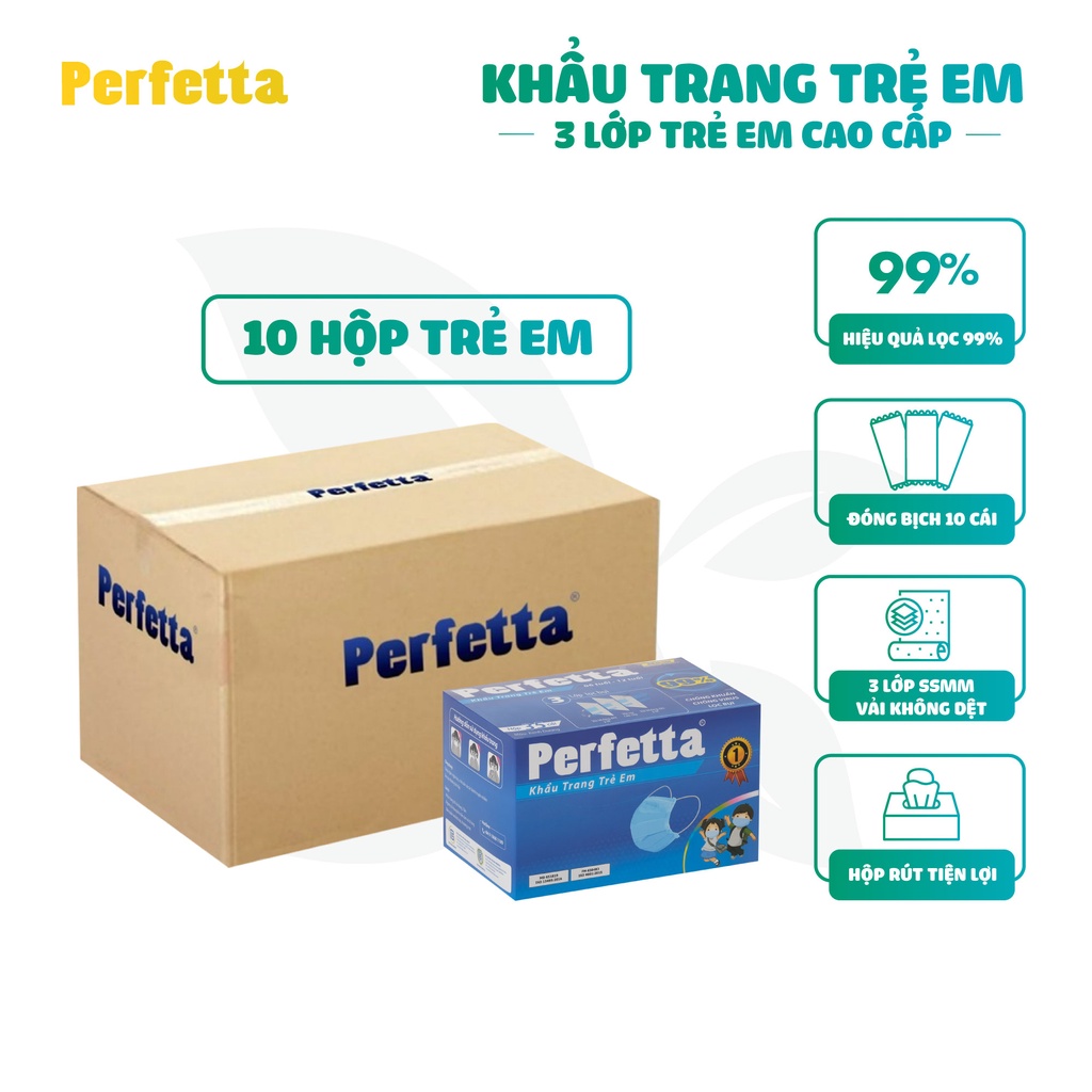 [THÙNG 350 cái] Khẩu trang 3 lớp Perfetta Trẻ Em Trắng/Xanh (35 Cái/Hộp)