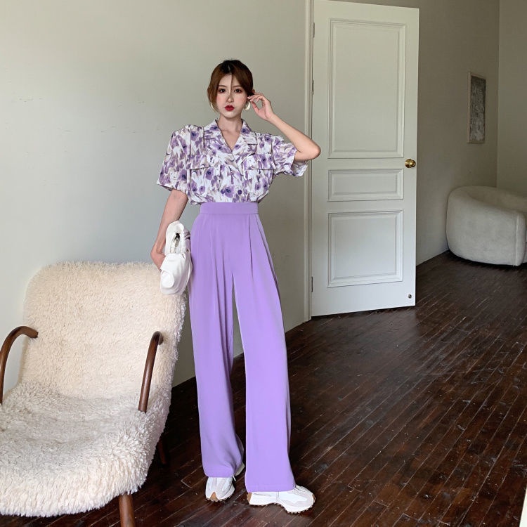 Bộ Áo Hoa Cổ Vest + Quần Ống Rộng Thẳng Phong Cách Hàn Quốc Thời Trang Mùa Hè Mới 2022