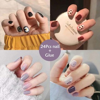 【Miễn phí hai dụng cụ lắp】Bộ 24 móng tay giả họa tiết dễ thương thời trang
