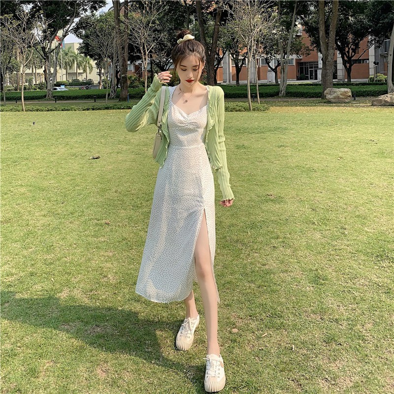 Xiaozhainv Đầm Maxi Chấm Bi/ Áo Khoác Cardigan Tay Dài Phong Cách Cổ Điển | BigBuy360 - bigbuy360.vn