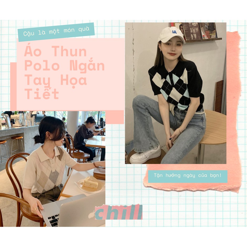 Sunday's Dress Áo Thun Polo Ngắn Tay Họa Tiết Sọc Caro Phong Cách Retro Hàn Quốc Có 2 Màu Trắng & Đen