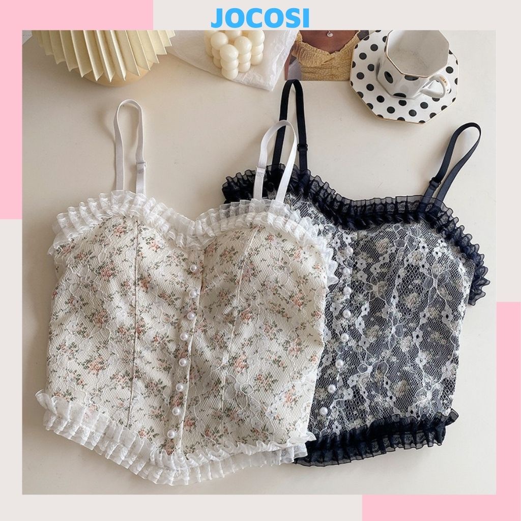 Áo bra nữ 2 dây ren hoa đính khuy sexy, áo lót đệm mút mỏng họa tiết cute dễ thương JOCOSI B3025