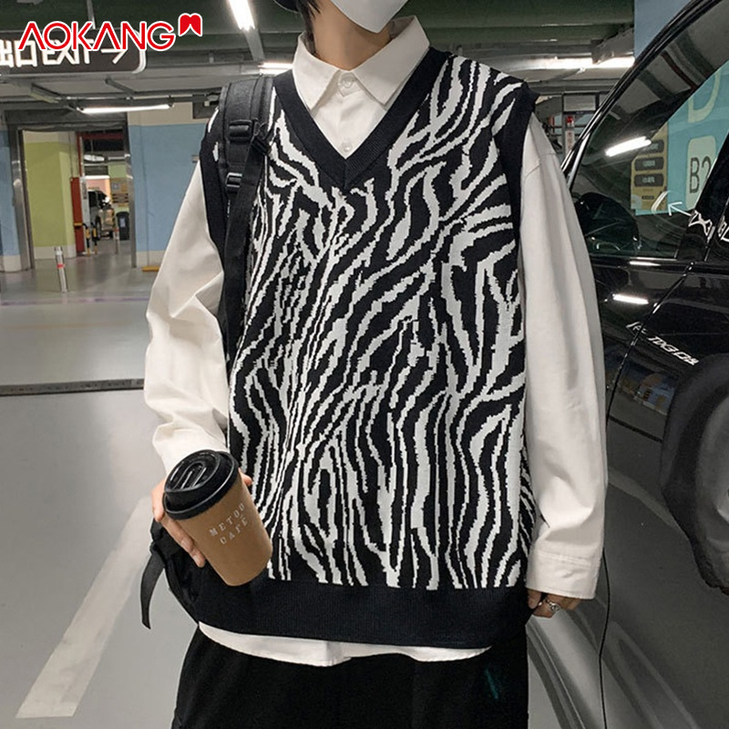 Áo sweater AOKANG dệt kim sát nách cổ chữ V họa tiết da báo kiểu Hồng Kông thời trang xuân thu cho nam