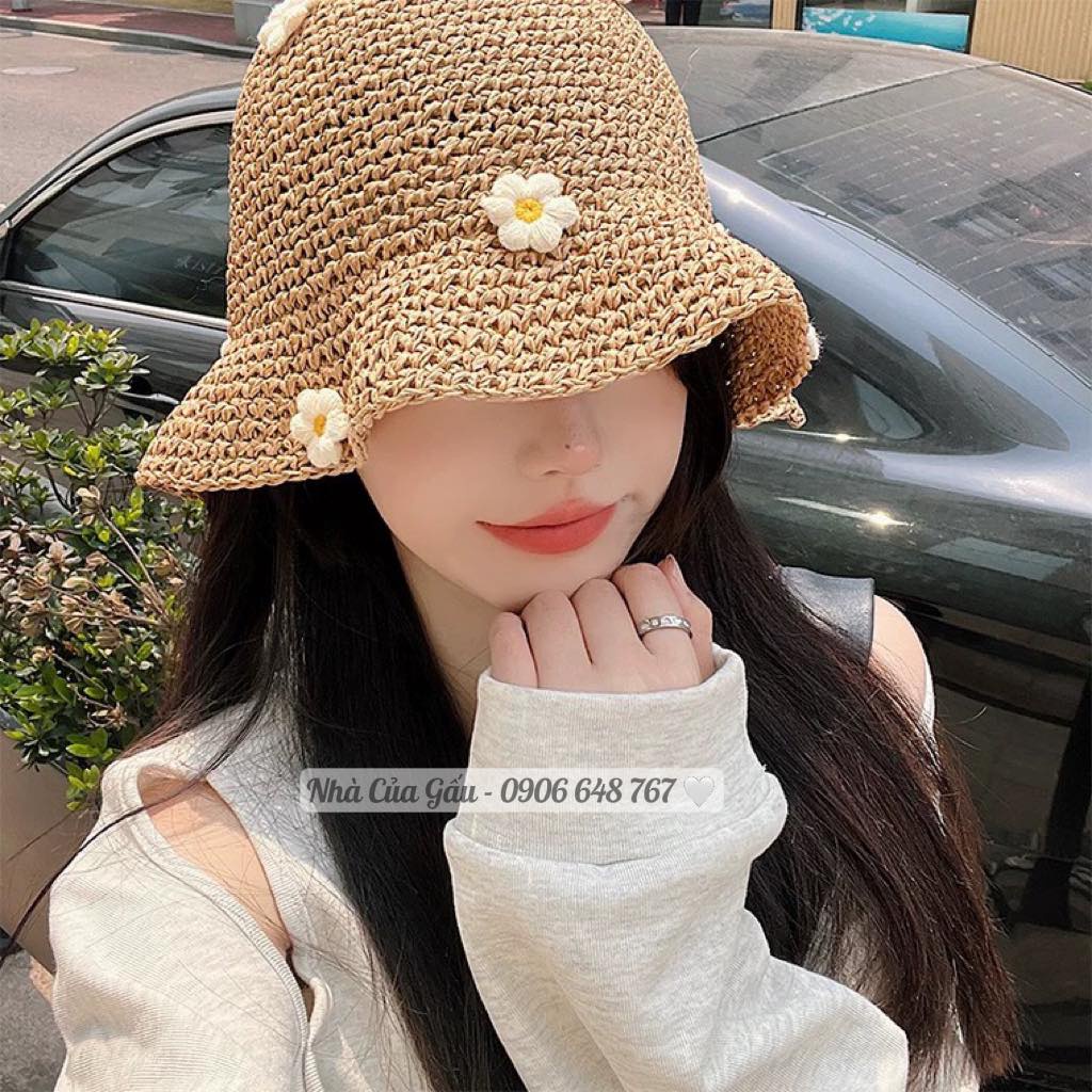 Set mũ cói đính nhiều hoa cúc quá yêu luôn