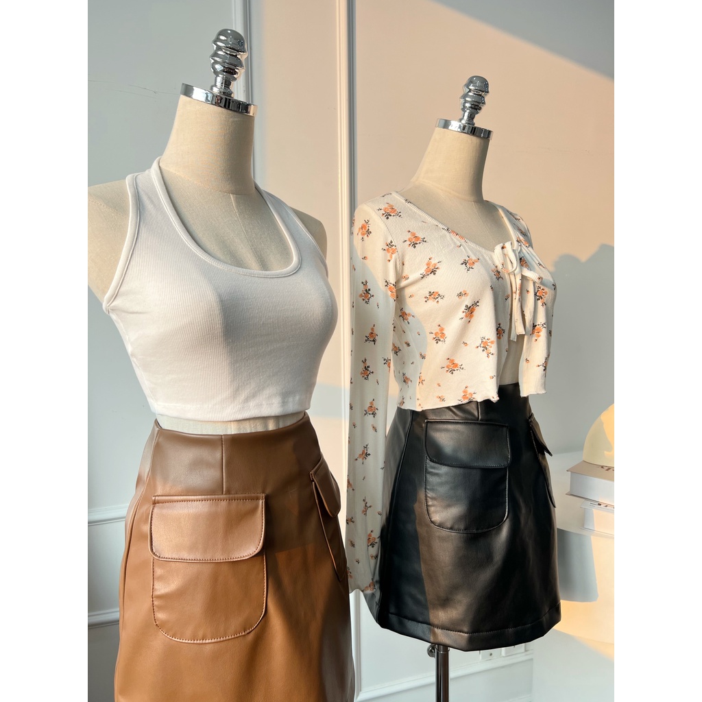 Váy quần da HEYBEE 2 túi, phom chữ A ngắn - DOUBLE POCKET LEATHER SKORT HT730