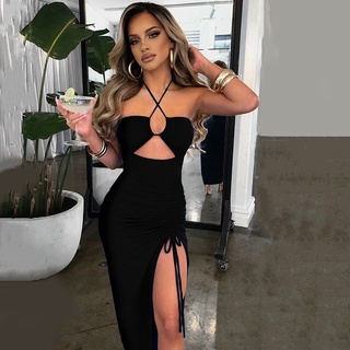 Đầm body cổ yếm xẻ tà rút dây 1 bên dáng dài maxi siêu hot