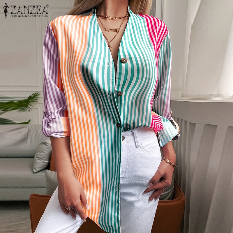Áo sơ mi ZANZEA tay dài cổ đứng cài nút họa tiết sọc thời trang Âu Mỹ cho nữ