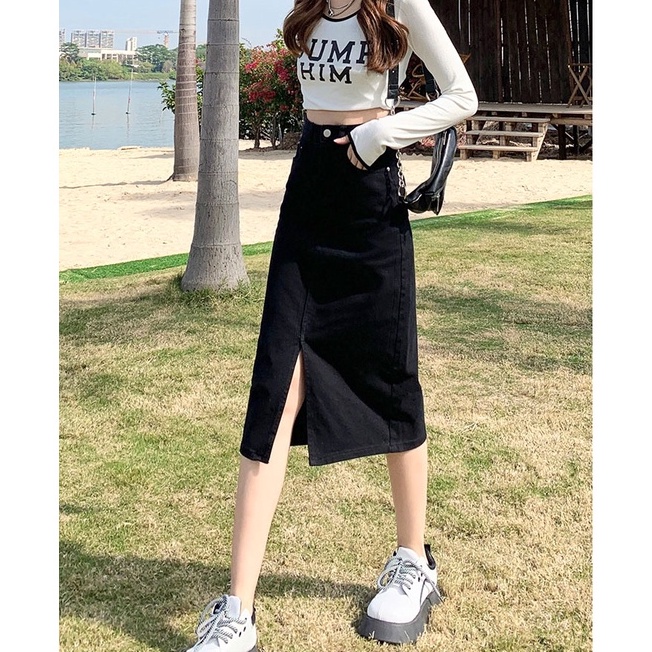 Chân váy jean dáng dài màu đen form ôm sẻ trước phong cách Ullzzang CV3
