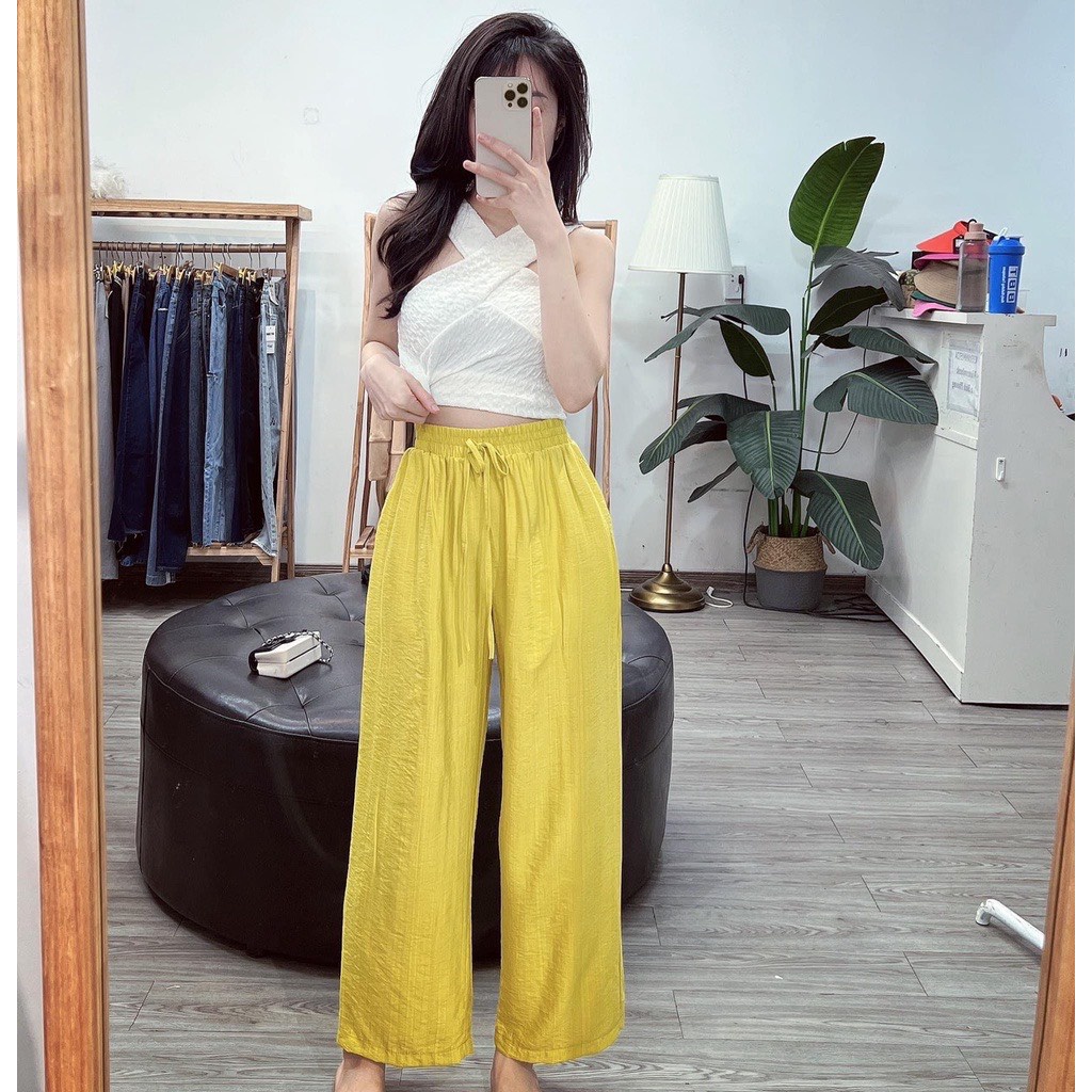 Quần dài nữ ống rộng chất đũi tơ mềm mát cạp chun co giãn - PANOSI - Q115