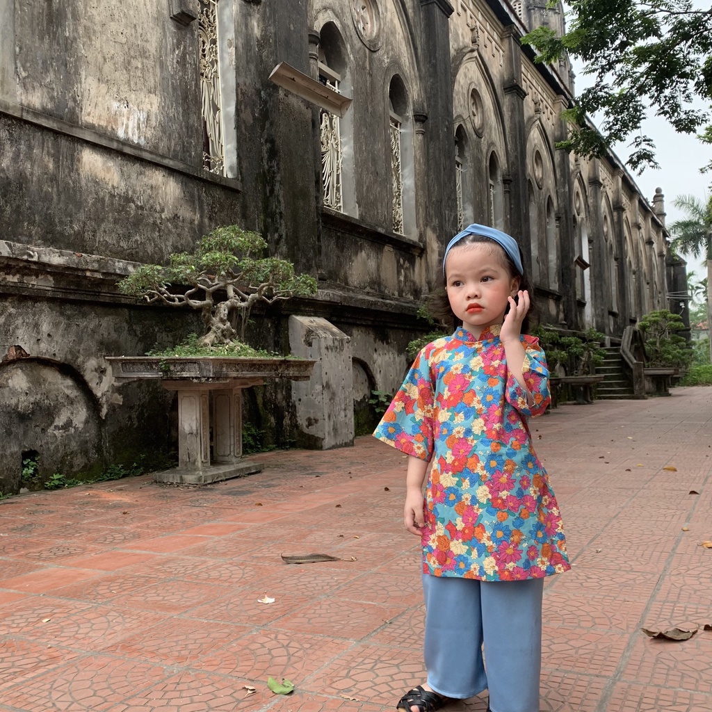 Áo dài cho bé gái Samkids  chất liệu thô cotton quần lụa ngọc trai, họa tiết hoa cực xinh cho bé