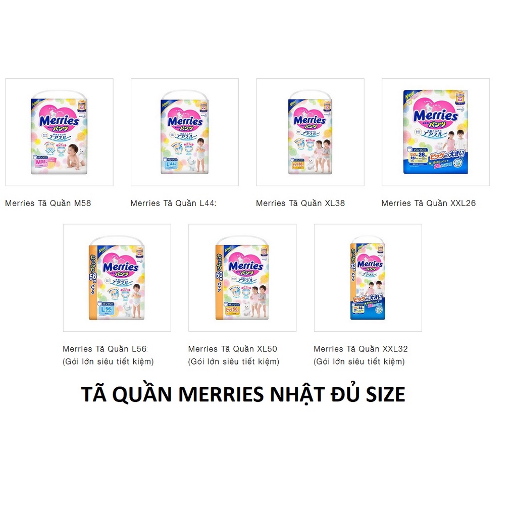 1 Gói Tã Dán/Quần Merries Nhật Nhập Khẩu Đủ Size NB90/S82/M64/L54/XL44/M58/L44/XL38/XXL26 (MUA 3 GÓI tặng 1 QUÀ)