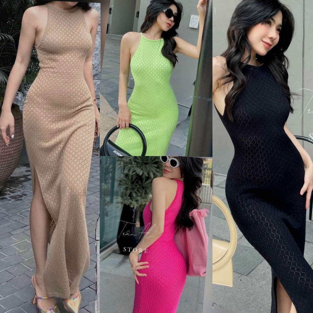 Đầm body ba lổ cổ yếm xẻ tà Form dài chất thun xương cá xinh lung linh