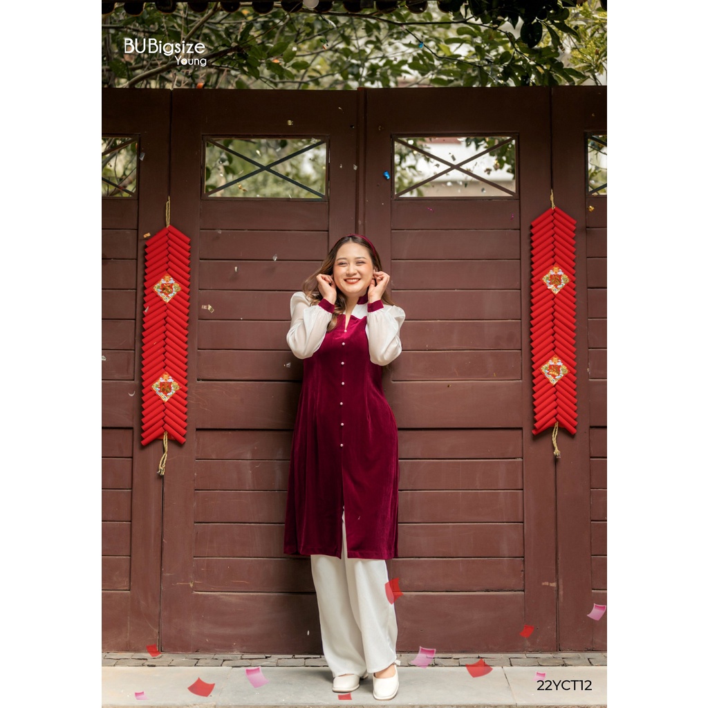 Áo dài nhung đỏ cổ V, xẻ thân trước (55kg đến 95kg) - 22YCT12 - [BU Bigsize Young]