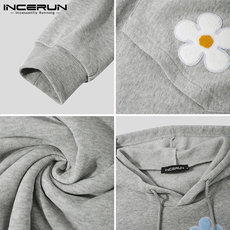Áo hoodie INCERUN dáng rộng tay dài họa tiết hoa thời trang thu công cho nam