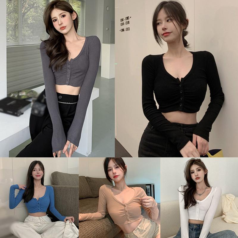 Áo Croptop Dệt Kim Tay Dài Màu Sắc Đơn Giản Phong Cách Hàn Quốc