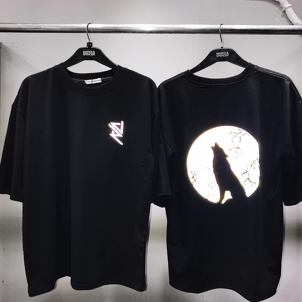 Áo thun cotton unisex tay lỡ in phản quang in Hình sói mặt trăng - ATPQ