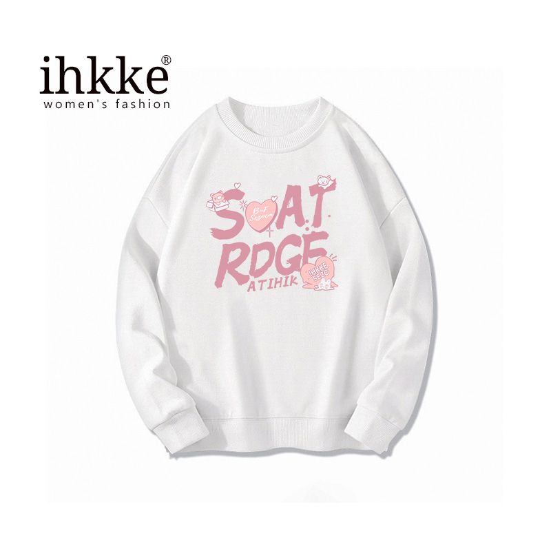 Áo sweater Ihkke cổ tròn dài tay dáng rộng màu trắng sữa nghệ thuật ngọt ngào
