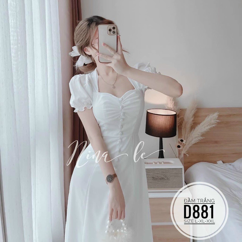Đầm Xòe Tay Bèo Nút Bọc Xẻ Tà