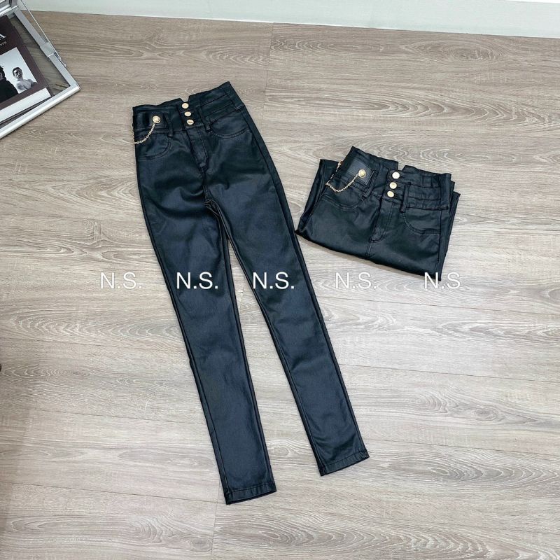 Quần da nữ 3 cúc cạp cao sẻ v sau xích sườn cạp cao lót nỉ