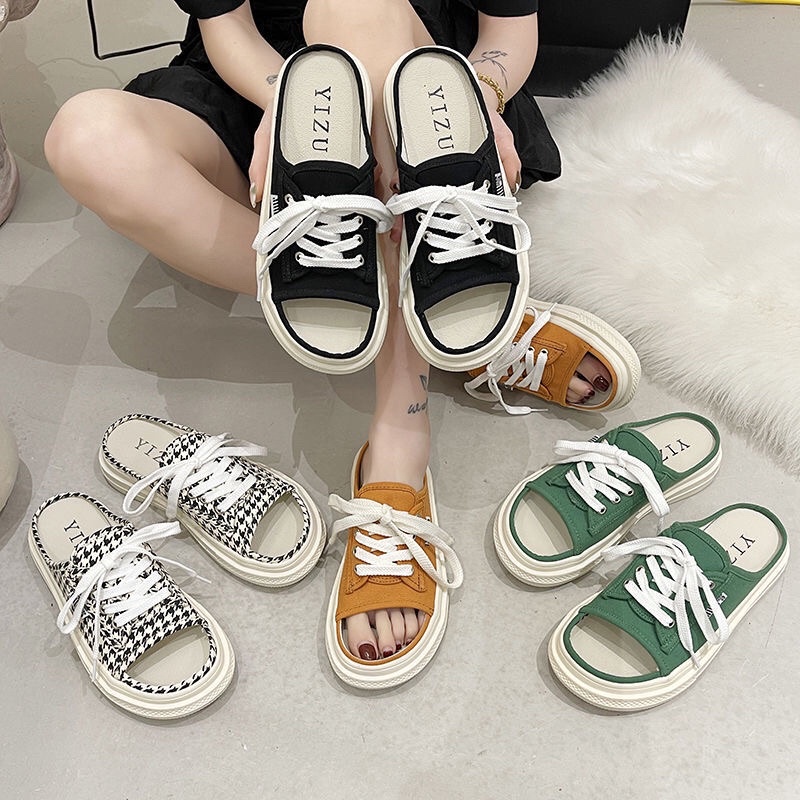 Dép Sục nữ  Hở Mũi CHIBAMY đế bánh mì cao 3 phân,Sục thể thao đế bánh mì  thắt dây vải mịn kiểu dáng hot nhất 2022