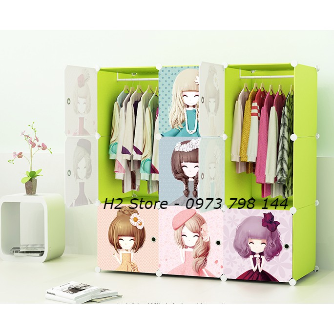 Tủ nhựa ghép thông minh 9 ô hình cô gái sâu 47cm ( vách tủ màu xanh dương, hồng phấn, xanh lá )