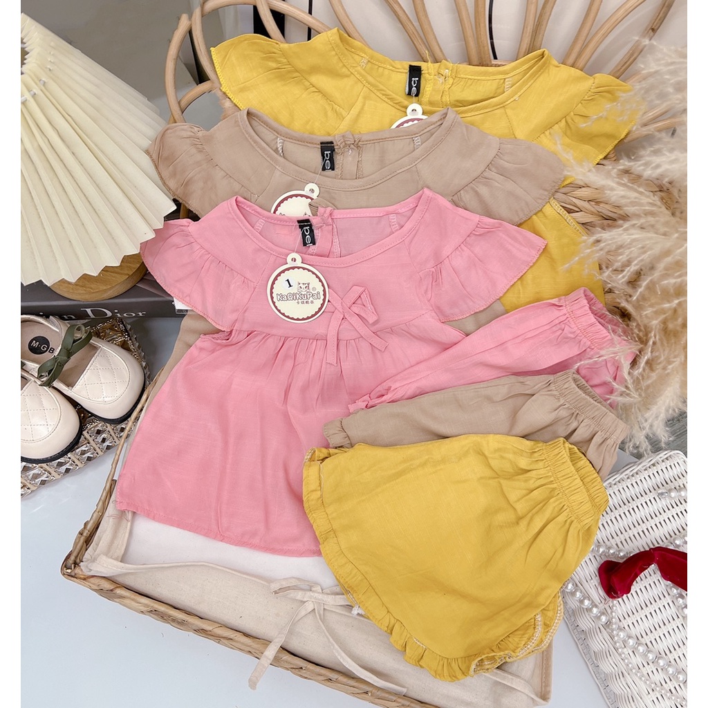 Bộ cộc tay cánh tiên bé gái, bộ bé gái chất đũi hàn 3 màu ống tay và quần bèo siêu mát cho bé