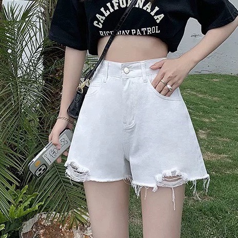 [TCshopjean Bigsize 50-80kg] Quần Đùi Bò Jeans Nữ VNXK Trắng Rách Cá Tính Lưng Cao Ống Rộng Ms 1051