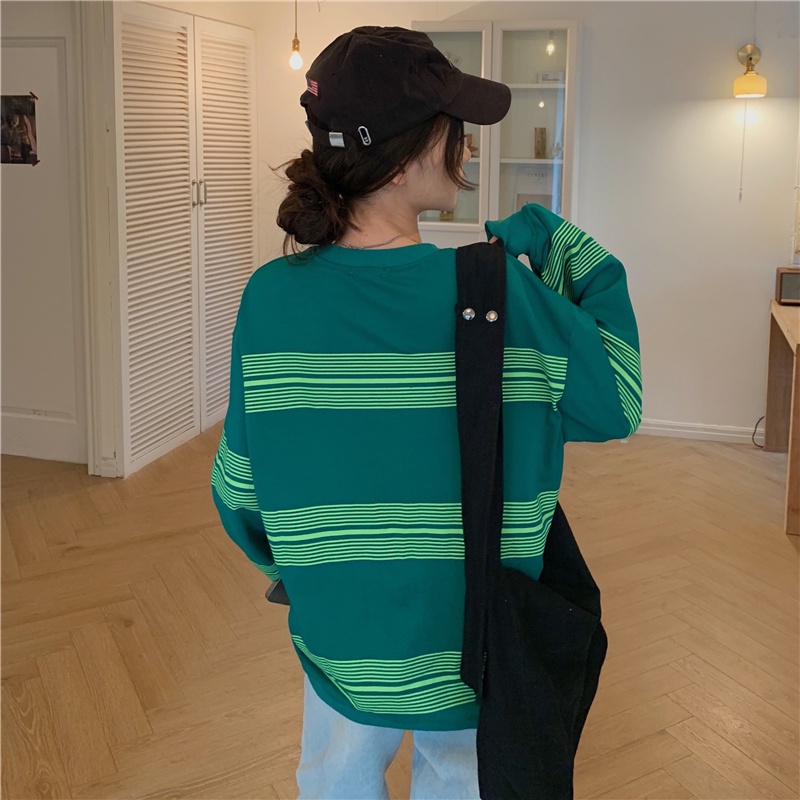 SUXI Áo sweater cổ tròn kẻ sọc thiết kế sành điệu thời trang mùa thu phong cách Hàn Quốc cho nữ