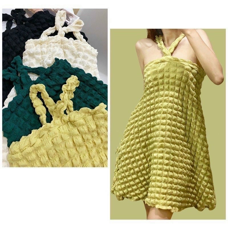 Kèm clip Đầm xoè cổ yếm xốp dáng xoè babydoll 45-70kg đều mặc vừa dáng rộng
