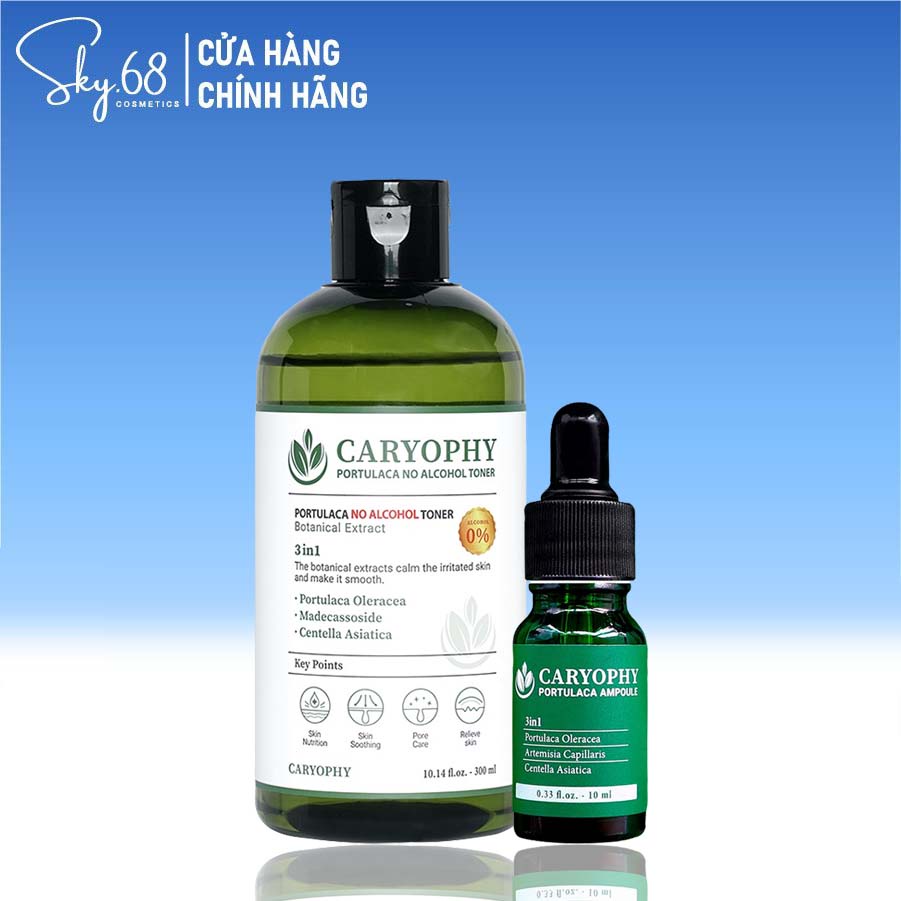 Combo giảm mụn giảm thâm từ rau má Caryophy (Toner 300ml + Serum 10ml)