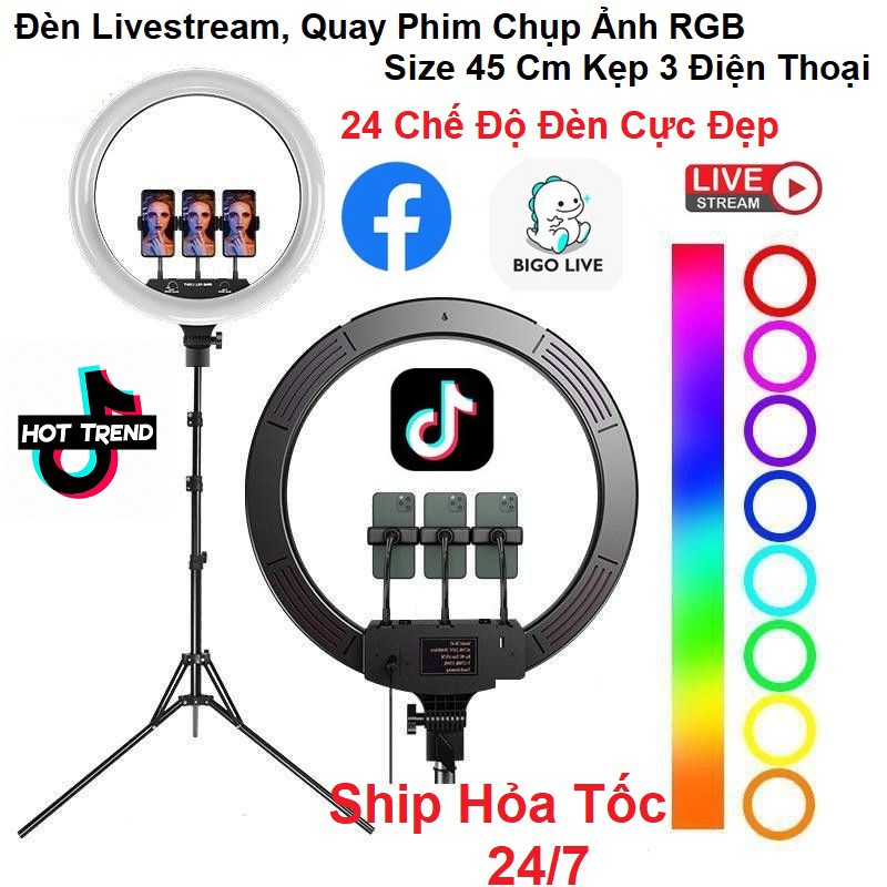Đèn Led Livestream RGB 45CM - Đèn Led Nhiều Màu - Kẹp 3 Điện Thoại - 24 Mức Chỉnh Màu Đèn Cực Đẹp - Kèm Chân Đèn 2m1