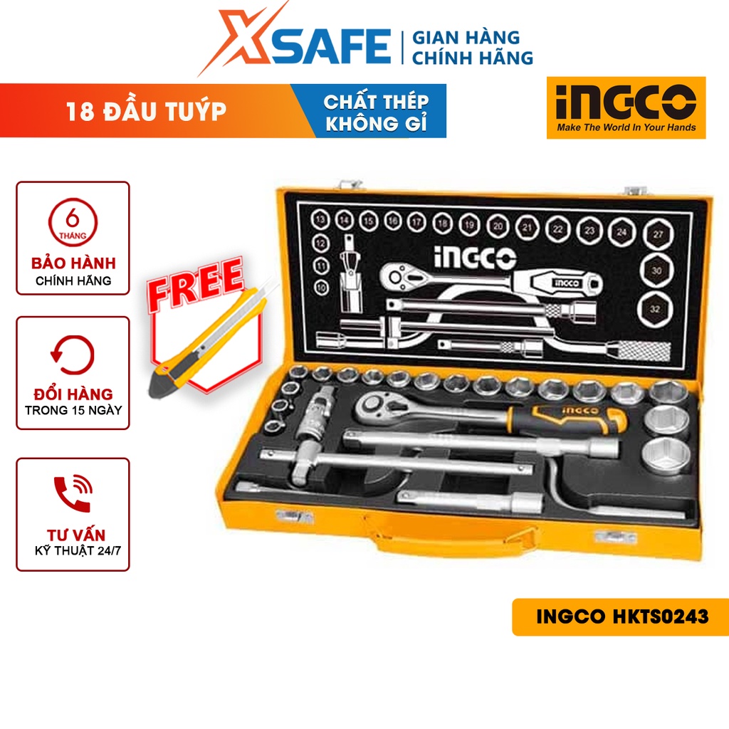 Bộ 24 đầu tuýp INGCO HKTS0243 Bộ đầu tiếp gồm 1 đầu vặn, 18 đầu tuýp, 1 khớp nối, 2 thanh mở, 1 thanh trượt T, 1 tay cầm