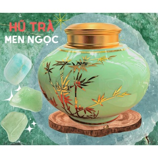 Hũ đựng trà sứ cao cấp nắp đồng 2 lớp men ngọc bích