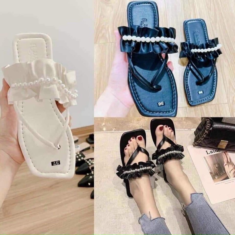 Dép bệt kiểu xỏ ngón quai thun kèm ngọc.nền da mang bao êm. nắng mưa đều mang được. cam kết như hình.