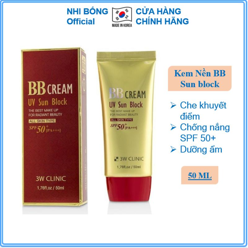 Kem nền trang điểm - Kem che khuyết điểm chống nắng BB Cream UV Sun Block 3W Clinic Hàn Quốc 50ml