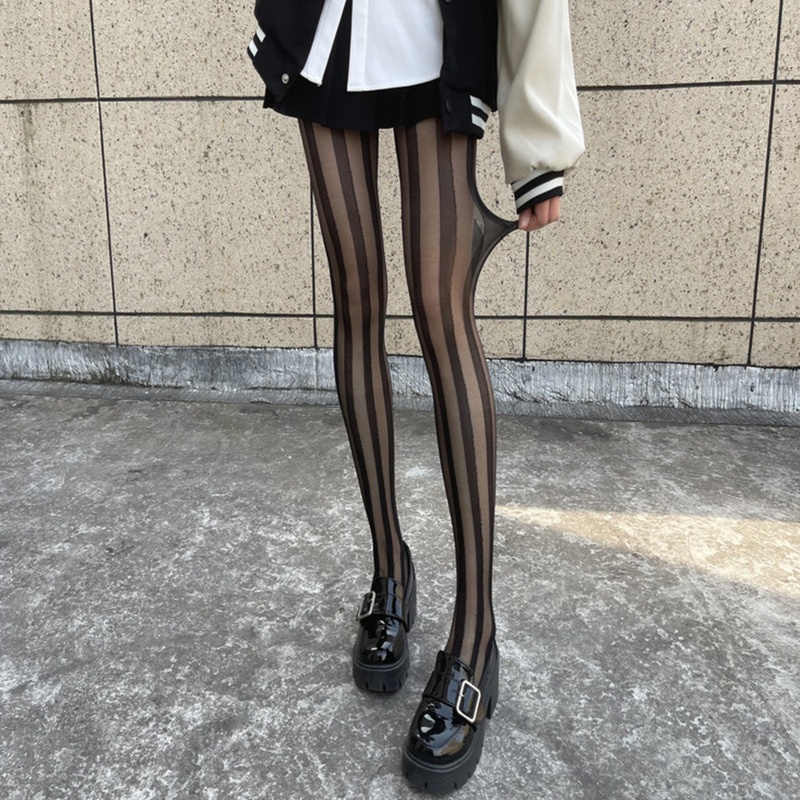 Quần Tất Lụa Xuyên Thấu Kẻ Sọc Đen Phong Cách Harajuku Gợi Cảm Cho Nữ