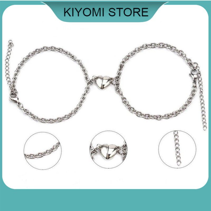 Set 2 Vòng Tay Thép Không Gỉ Có Mặt Nam Châm Hình Trái Tim Cho Cặp Đôi KIYOMI STORE
